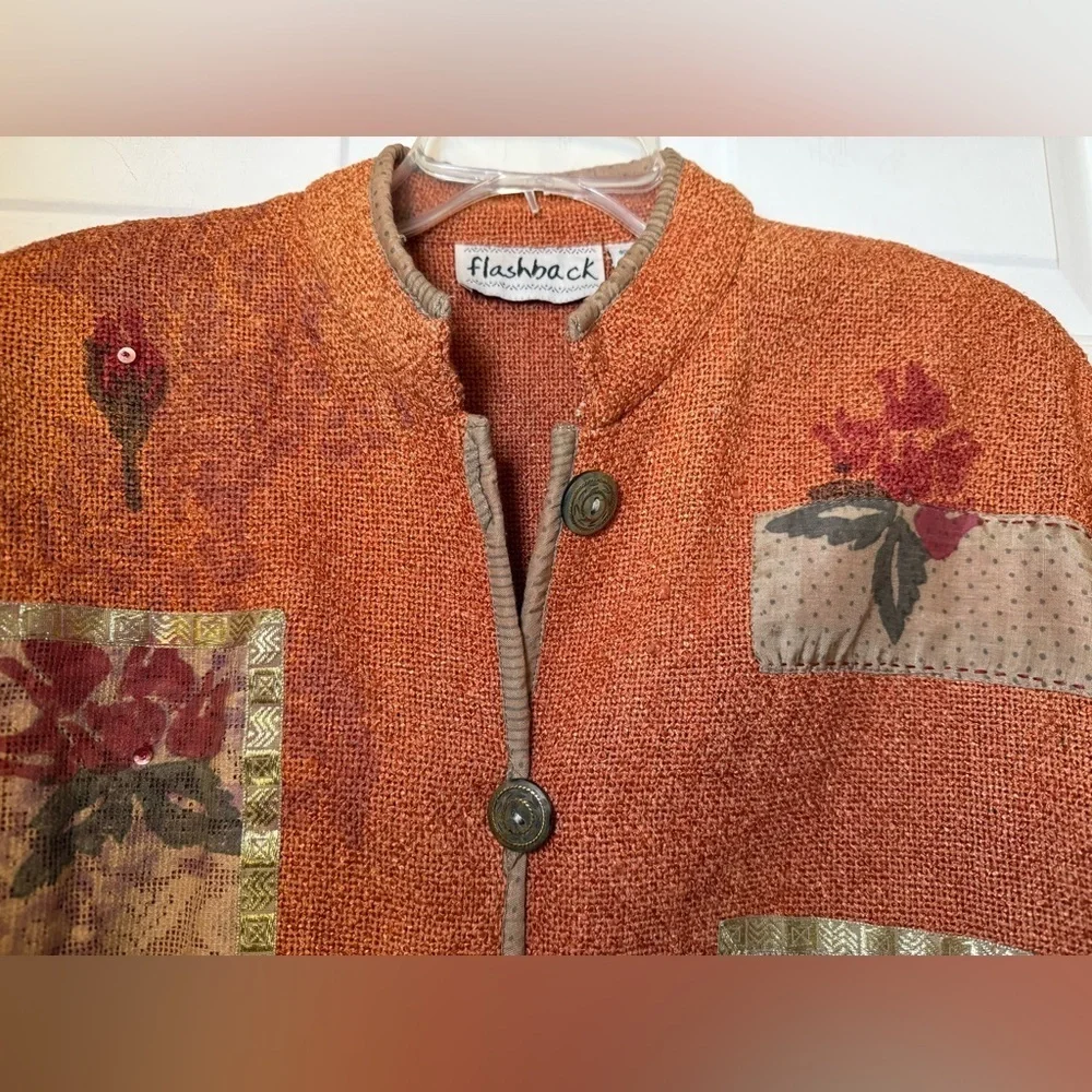 Flashback Orange & Tan Floral Patchwork Vintage Jacket Medium Fringe Boho Burlap